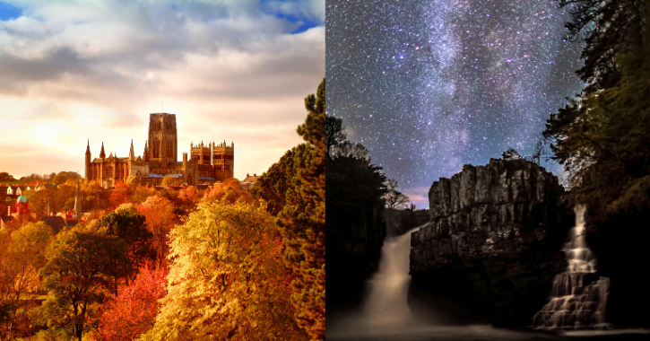Durham Cathedral surrounded by autumn coloured trees and starry sky over High Force Waterfall.
